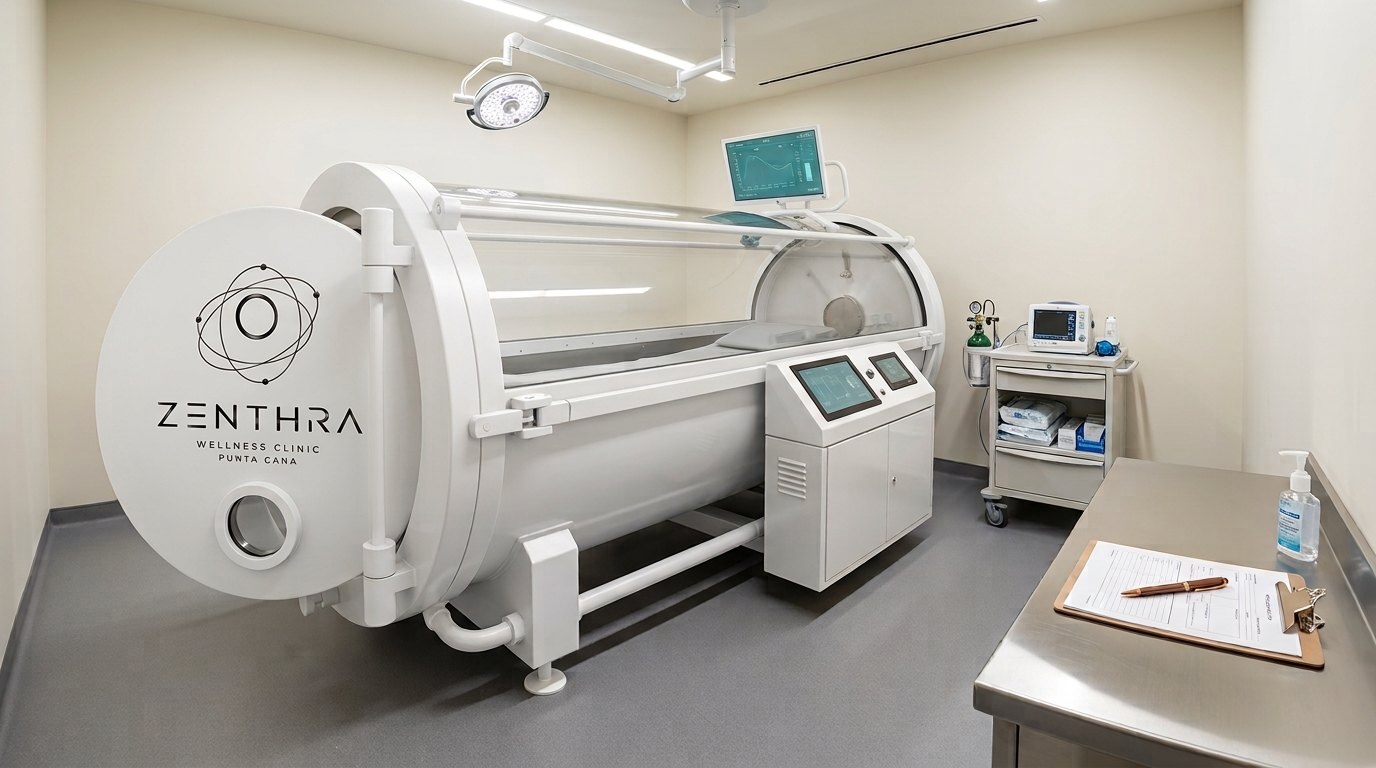 Zenthra-branded hyperbaric oxygen chamber in private treatment room, Punta Cana