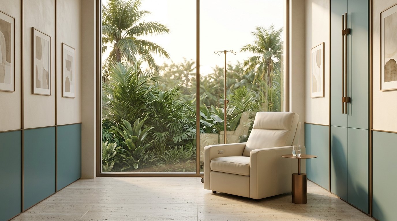 IV therapy suite overlooking tropical gardens at Zenthra Wellness Clinic, Punta Cana